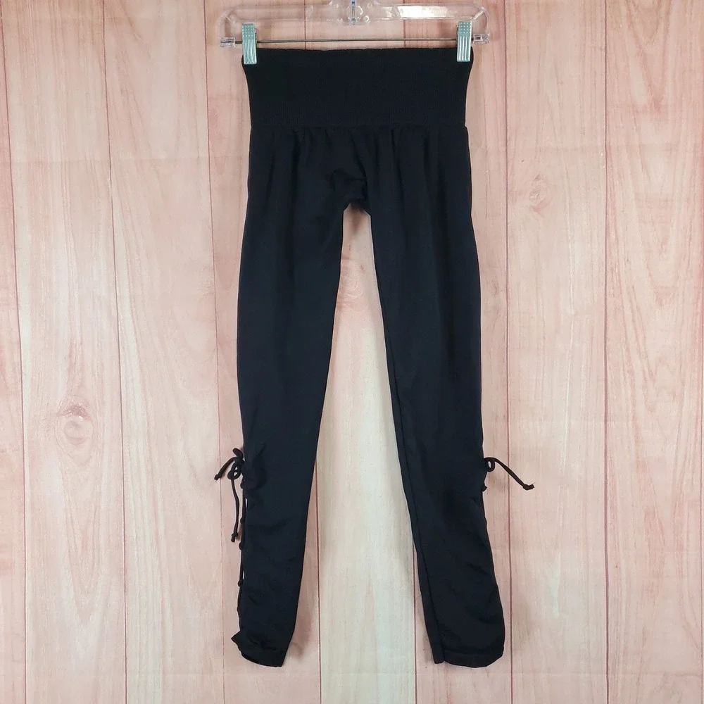 Free People Movement Leggings Womens M/L Black Nylon Stretch Ankle Lace Up Yoga